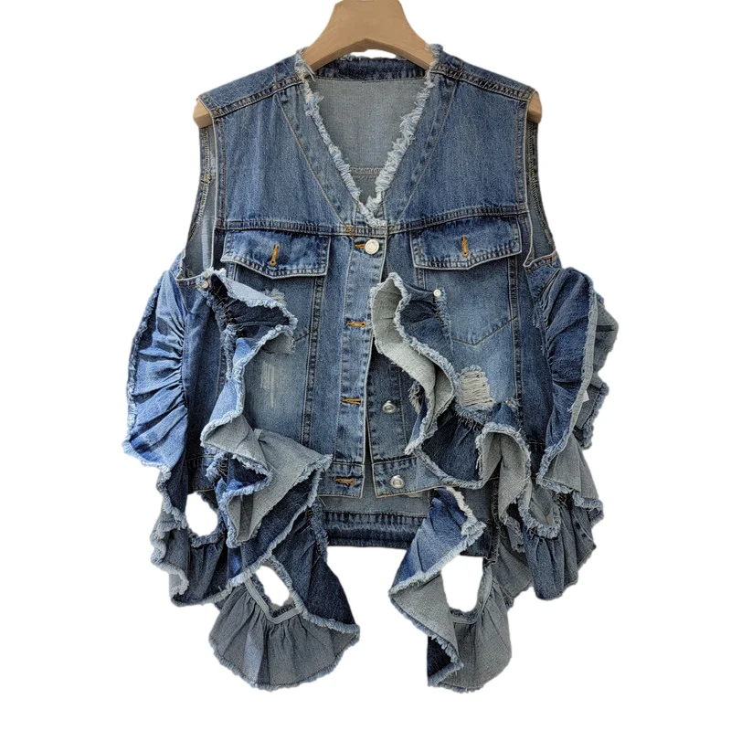 

Vintage Blue Cowboy Waistcoat Ruffles Splicing Holes Cropped Denim Vest Women V Neck Frayed Jeans Sleeveless Jacket Coat Female