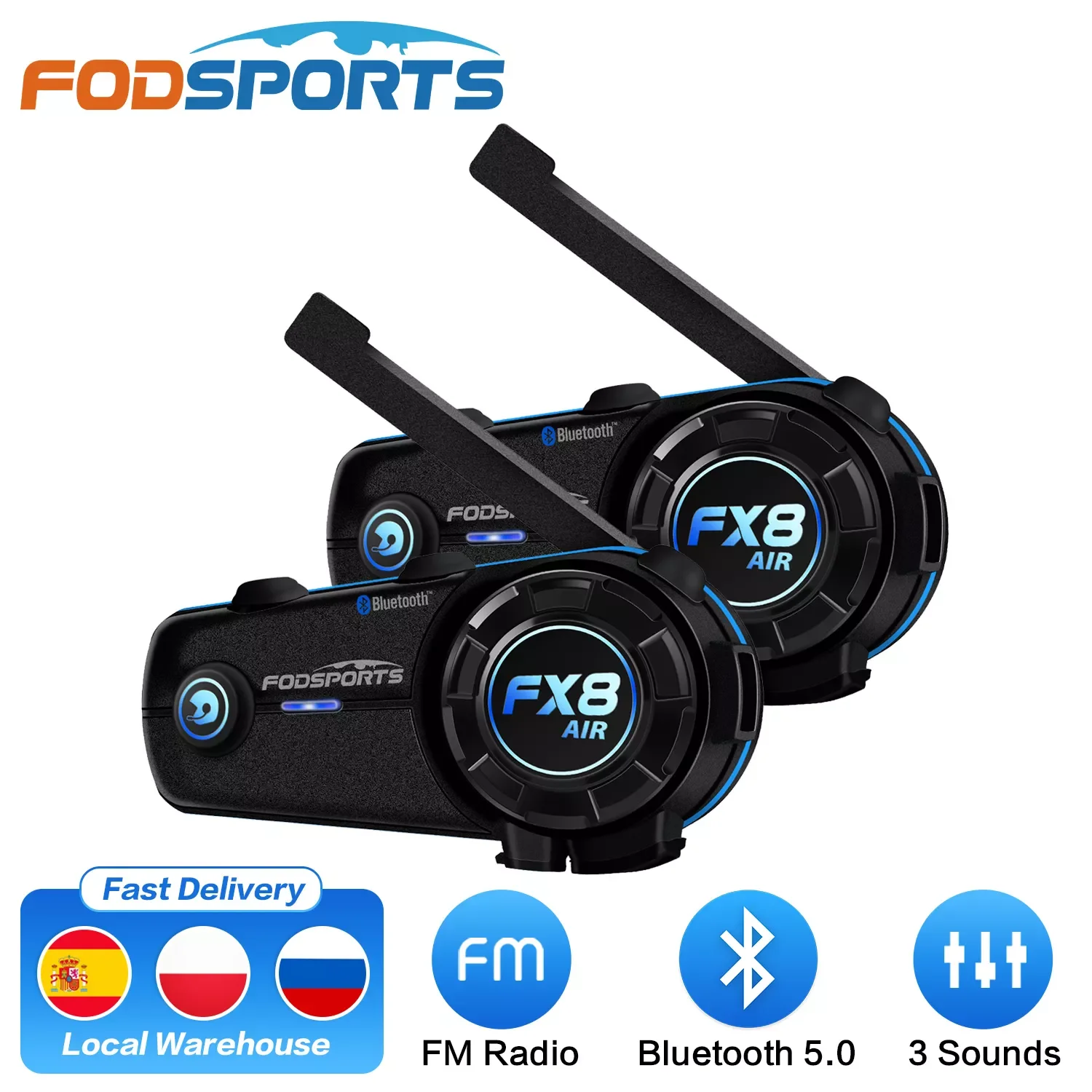 

Мотоциклетная Bluetooth-гарнитура для шлема Fodsports FX8, 2 шт., водонепроницаемое переговорное устройство BT 5,0, FM-радио, 3 звука