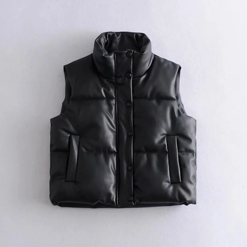 

2022 New Autumn Winter Vest Women Black Sleeveless Faux Leather Jacket Casual Zipper Coat Female Warm Cotton Outwear Tops