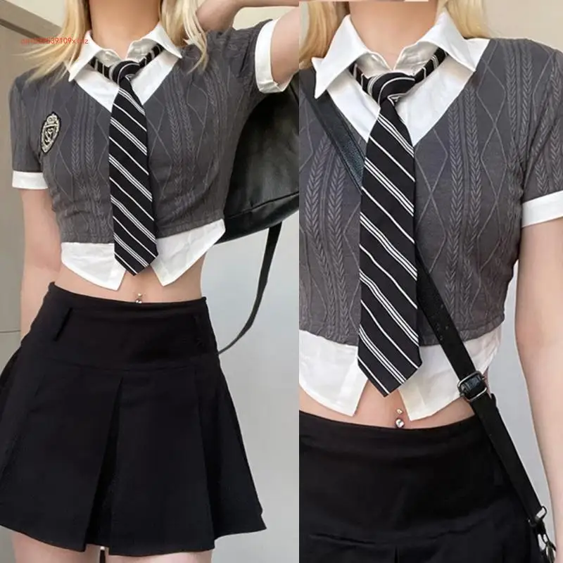 

Fashion Womens Uniform Short Tops Summer Female College Style Short Sleev Shirt