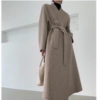 designer fashion long coat casacos de inverno feminino 2022 autumn winter women wool blend adjustable waist v neck belt