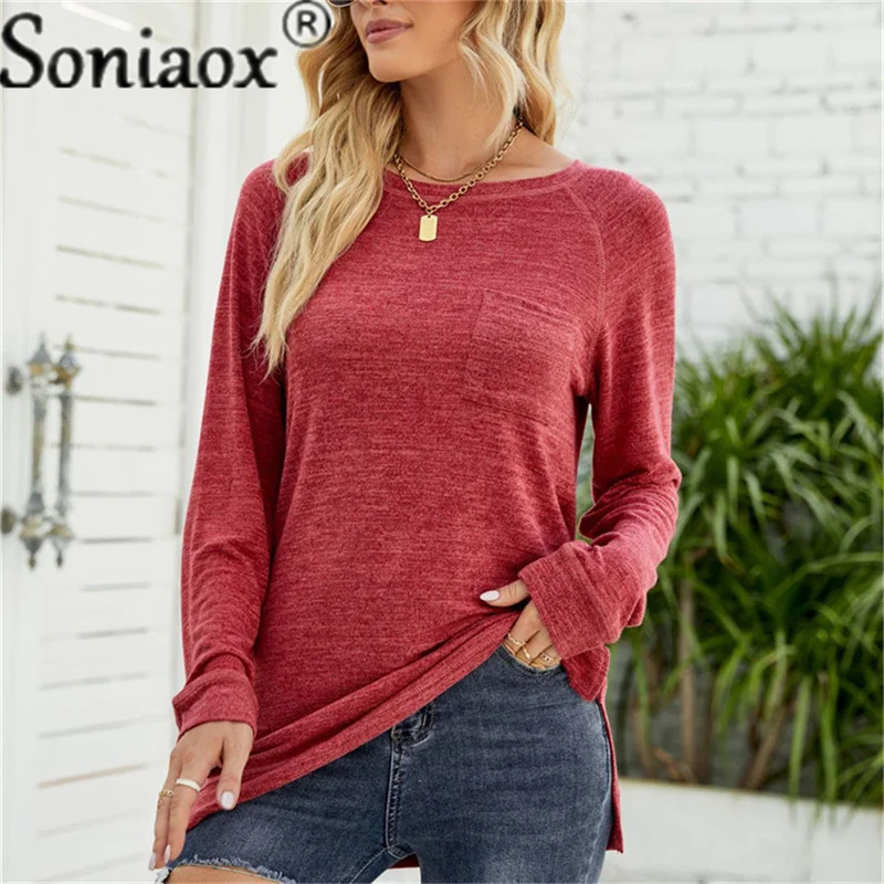 

2022 New Women Long Sleeve Round Neck Pullover Loose Solid Color Pocket Split T-Shirt Spring Autumn Vintage Casual Tunic Tops