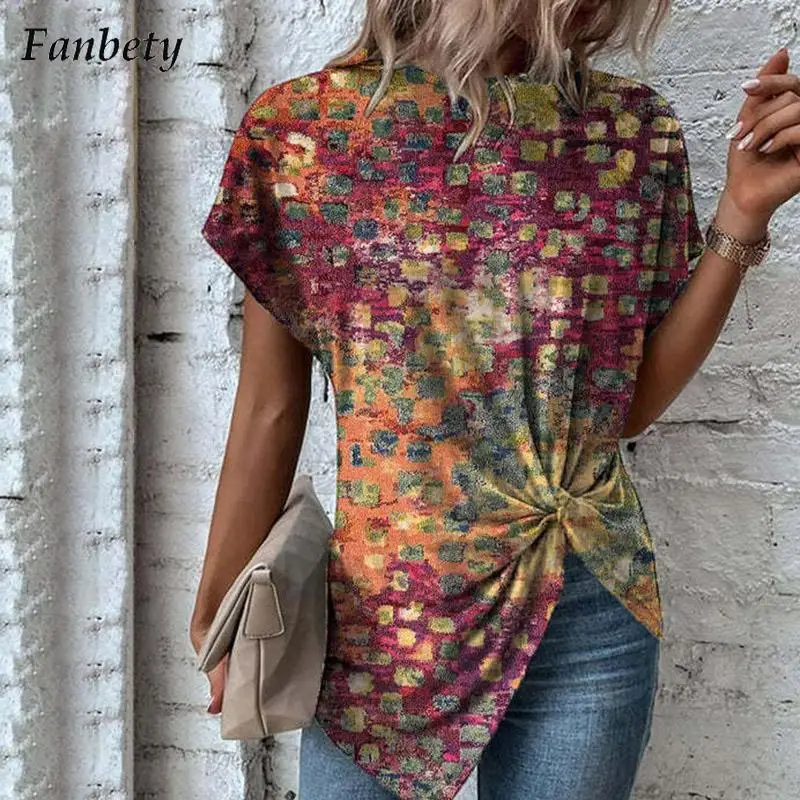 

Women Vintage Pattern Print Blouse Shirt Summer Fashion O-Neck Irregular Pullover Tops Lady Casual Short Sleeve Blusa Streetwear