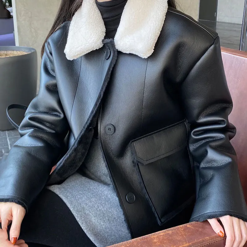 Clothland Women Thick Black PU Leather Jacket Pockets Long Sleeve Single Breasted Autumn Winter Chic Coat Tops CA467