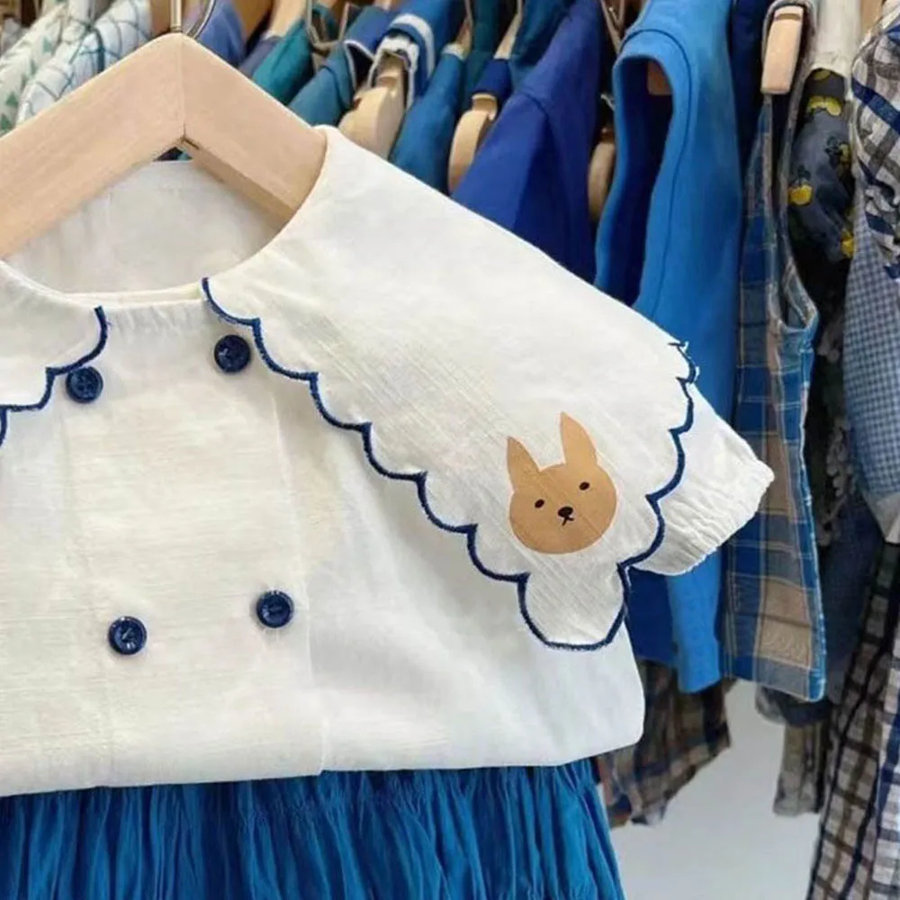 

Летняя одежда для девочек, топы, новинка 2022, Детский костюм с коротким рукавом и мультяшным принтом кролика, футболки, детская одежда, наряды...