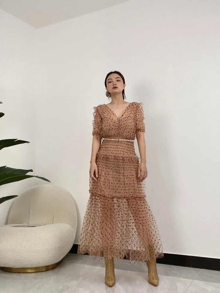 

2022 Vintage Summer High Quality Flocking Polka Dot Mesh V-neck Brown Cascading Ruffles Midi Dress with Crystal Belt Women