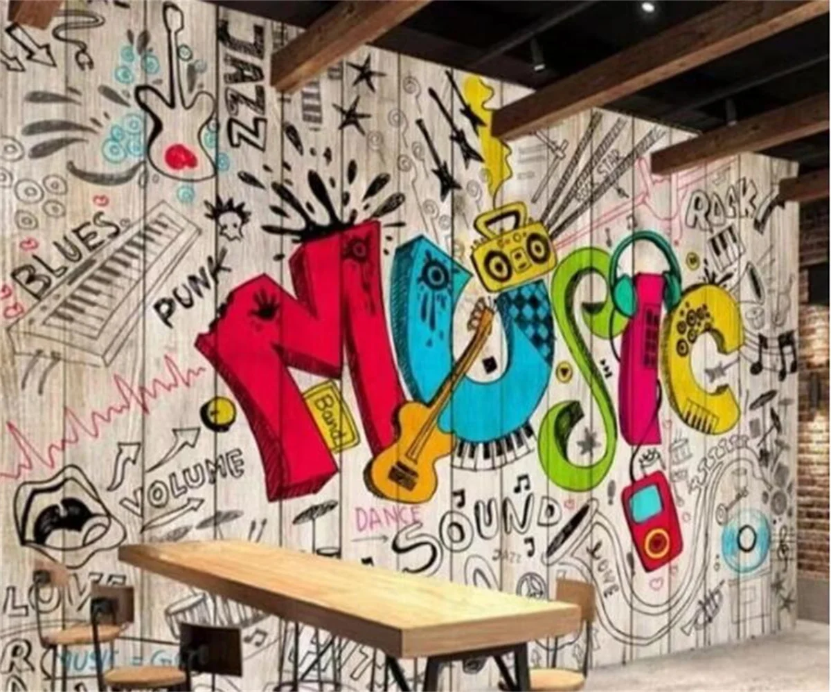 

Custom mural retro retro hand-painted cartoon graffiti Music bar cafe background wall decoration wallpaper