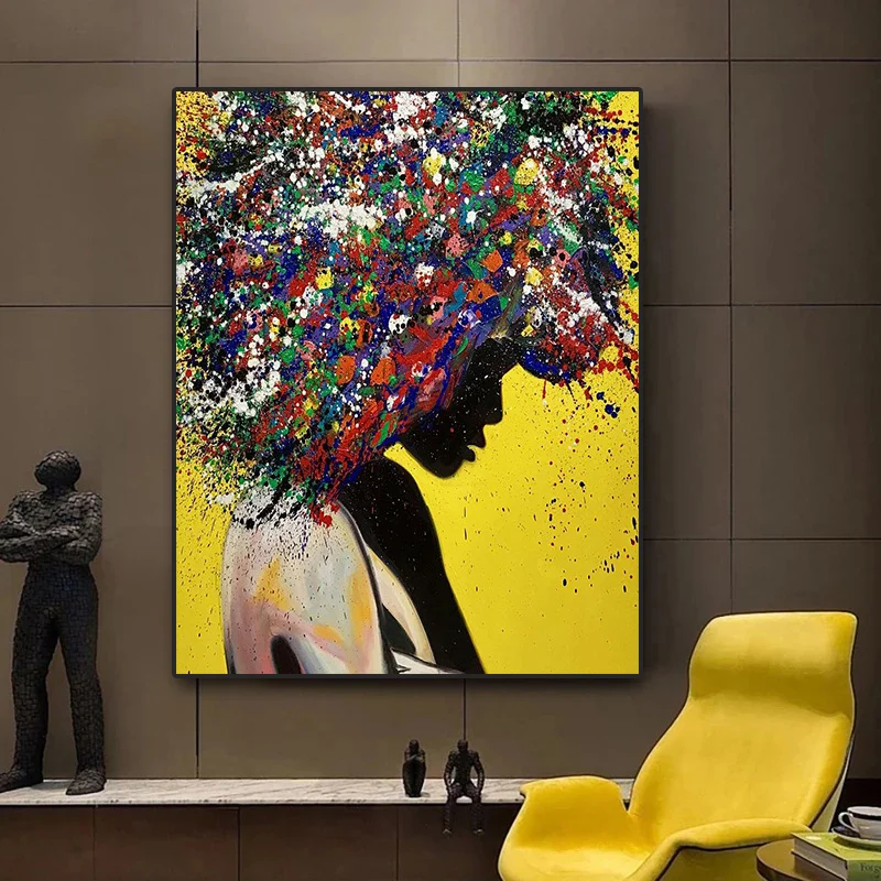 Abstract Colorful Explode Head Afro Girl Canvas Painting Gra