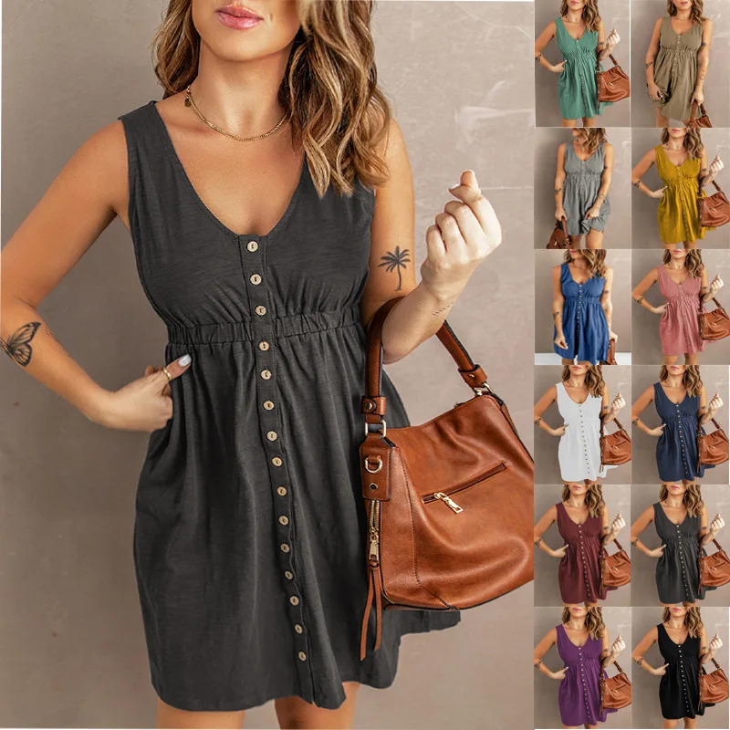

2022 Women's Summer New Arrival Solid Dress Sexy Waist Closed Sleeveless Casual Comfortable Mini Dress Women Clothes