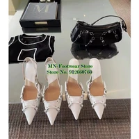 women shoes white punk pointed toe stiletto mules high heels buckle rivet embellished slippers cover heel sandals slingback pump