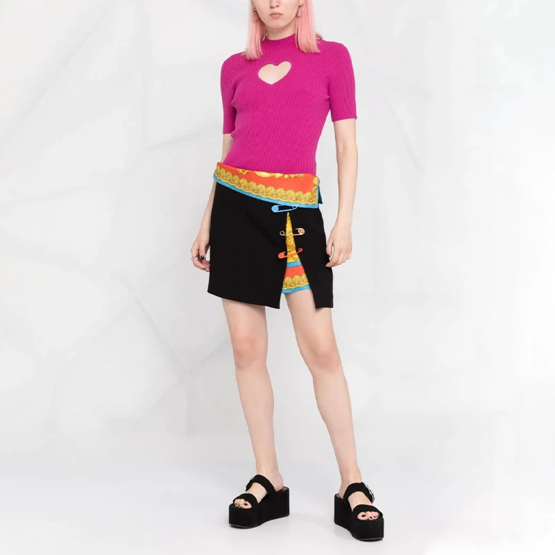

Big name summer new satin double cloth color pin design color matching skirt women's fashion high street A-line high waist skirt