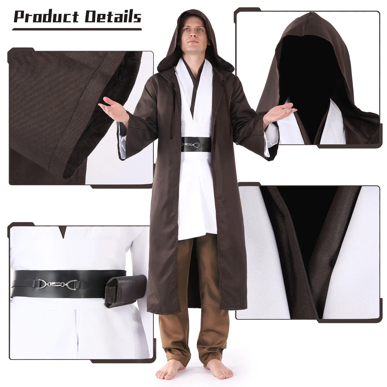 P-jsmen Halloween Tunic Costume Set Cosplay Outfit Jedi Knight Brown White Hooded Cloak Robe Uniform For Unisex High Quality