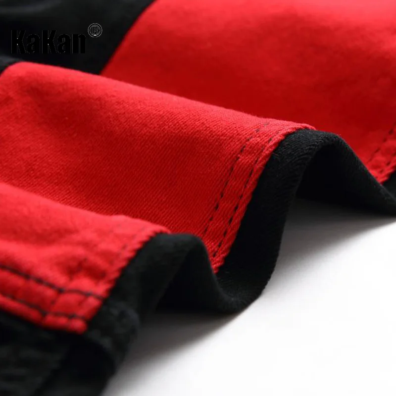 Kakan - New European and American Men's Jeans, Slim Fitting Straight Tube Black Red Patchwork Checkered Denim Pants K23-7275