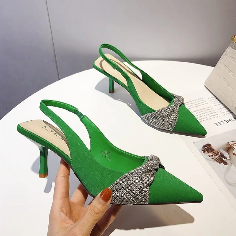 

Green Rhinestone Women Sandals Back Empty High Heels Pointed Beige High Heels Stiletto Toe Ladies Sandals 2022 New Dress Shoes