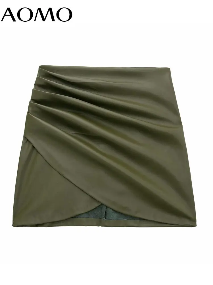 

AOMO Women Amy Green Faux Leather Ruched Mini Skirt Vintage High Waist Side Zipper Female Skirts 3H357A