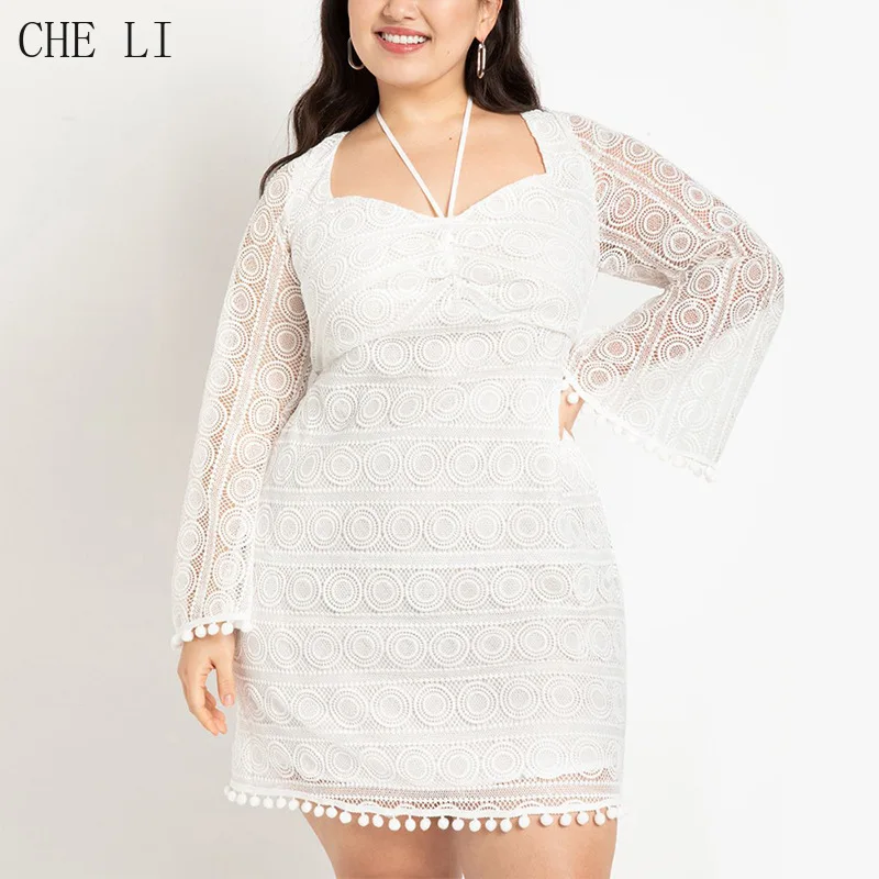 Women's 2022 Spring and Autumn New Plus Size Dress Temperament Elegant Lace One-word Collar Long-sleeved Dress Sexy Lace Skirt