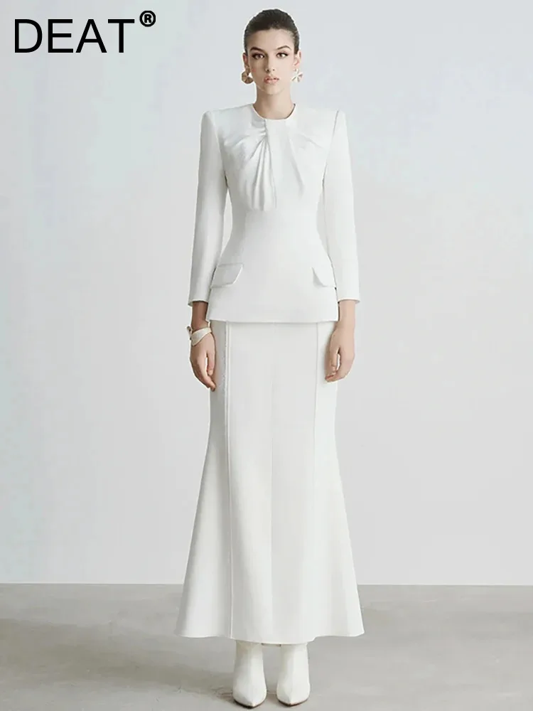 

Женский комплект из топа и юбки DEAT, однотонный плиссированный топ с круглым вырезом и длинным рукавом, облегающая элегантная юбка, 13 дб3880, осень 2023