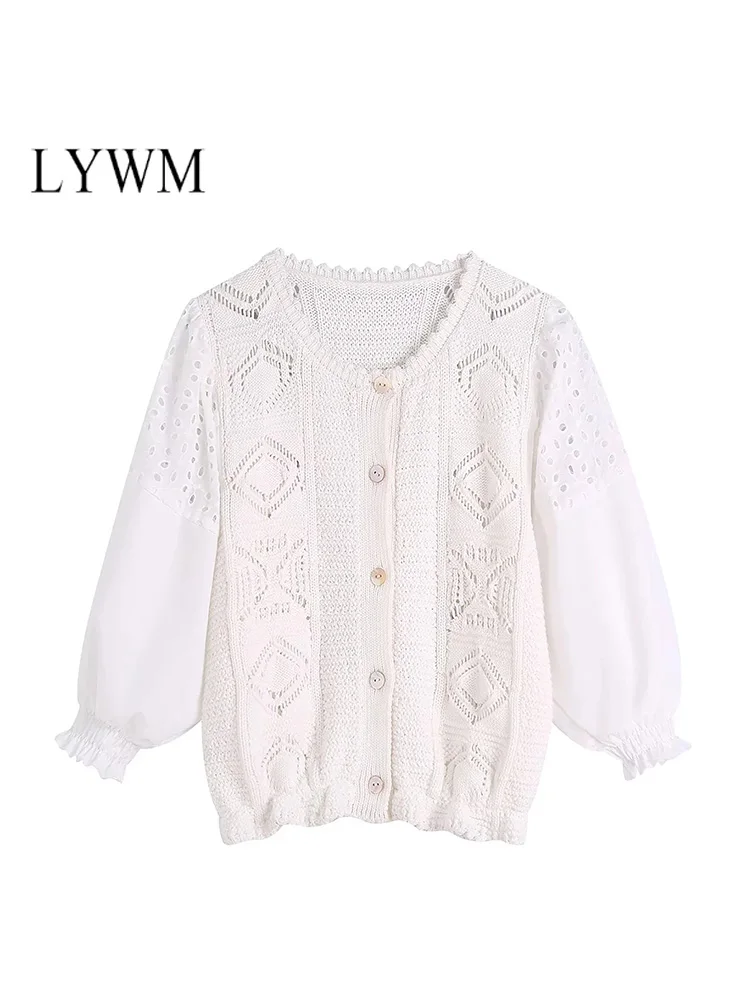 

LYWM Women Fashion Patchwork Knitted Cardigan Vintage Single Breasted Long Sleeves Female Chic Lady Sweaters