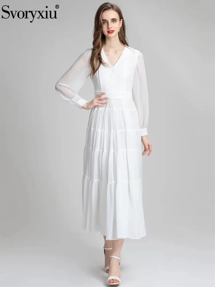 

Svoryxiu Runway Summer Fashion Bohemian White Dress Women's Lantern Sleeve Button Lace Up High Waist Holiday Party Midi Dress