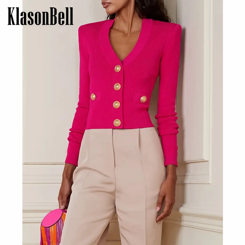 

8.12 KlasonBell V-Neck Shoulder Pads Single Breasted Hollow Out Knitted Slim Short Cardigan Women