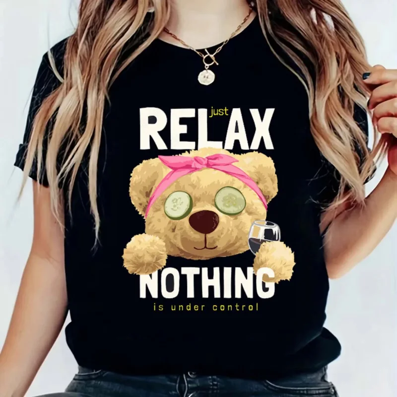 

Travel T-fashion cute cotton short sleeve fun bear print's trendy pattern women's casual black o-neck T-shirt.