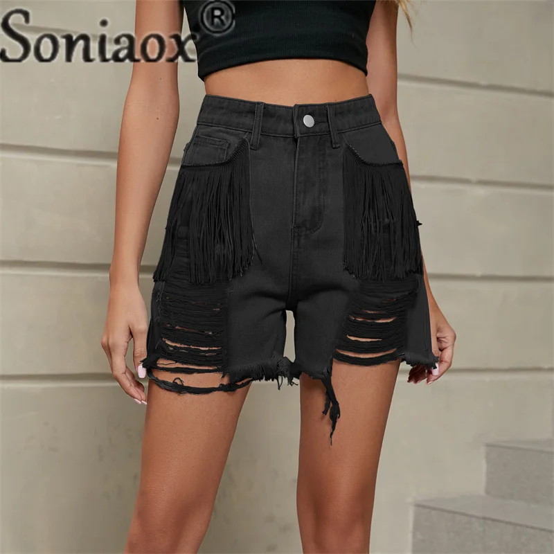 Fashion Broken Holes Splicing Tassels Denim Shorts Women's Street Casual Three-quarter Pants Female Daily Summer Straight Jeans