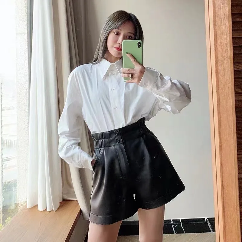 2022 High Waist A-line Real Leather Shorts Women Loose and Thin Genuine Sheepskin Leather Wide Leg Shorts W9