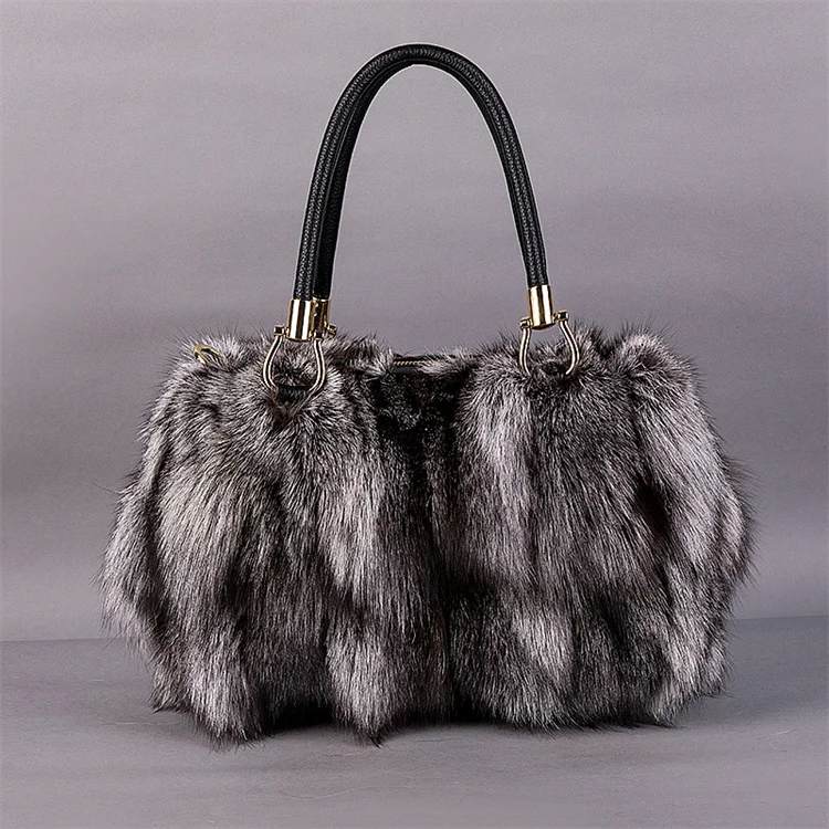 Nature silver fox fur women clutch bags patchwork blosa party bag chians shoulder bag zipper winter female purse crossbody bag