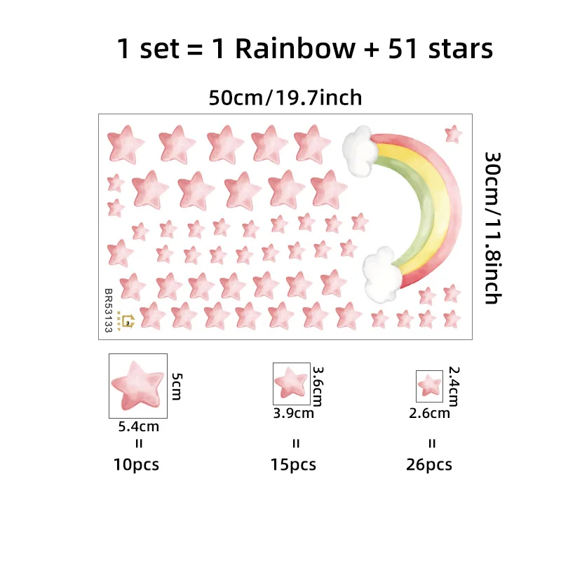 52pcs Rainbow and Stars Soft Pink Watercolor Wall Stickers Pattern Decals Baby Nursery Art Decorative Kids
