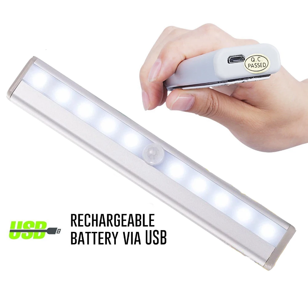 10 LED Motion Sensor Light USB Rechargeable Sensor Night Light Closet Light For Cabinet Wardrobe Kitchen Stair Magnetic Stick-on