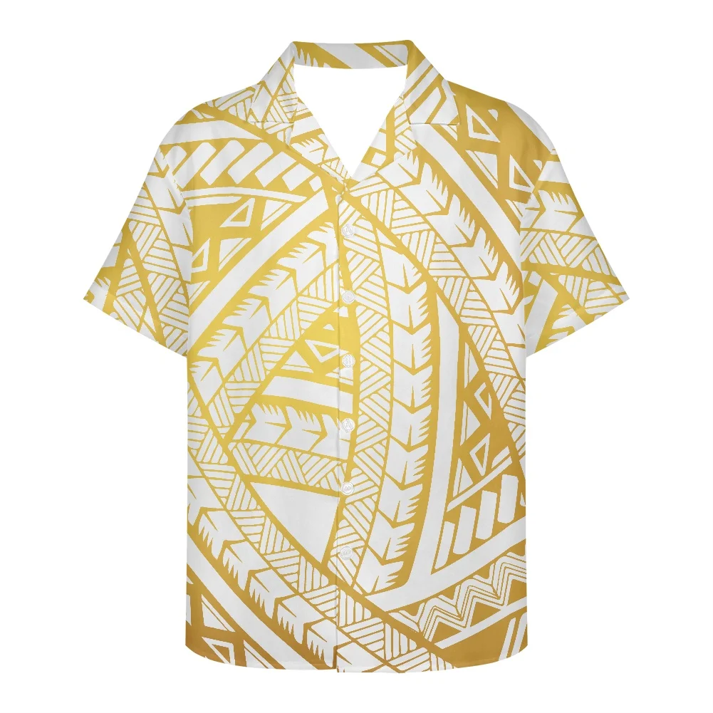 

HYCOOL Gold Tribal Print Polynesian Men Wedding Party Clothing Samoan Tongan Island Summer Casual Vintage Loose Hawaiian Shirts
