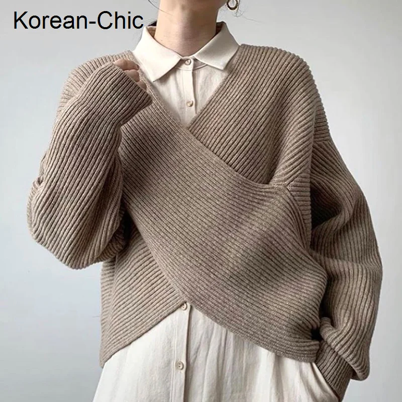 

Korean Long Sleeve Sweater Ins Autumn Versatile Design Cross V-neck Loose And Thin Irregular Women's Sweater