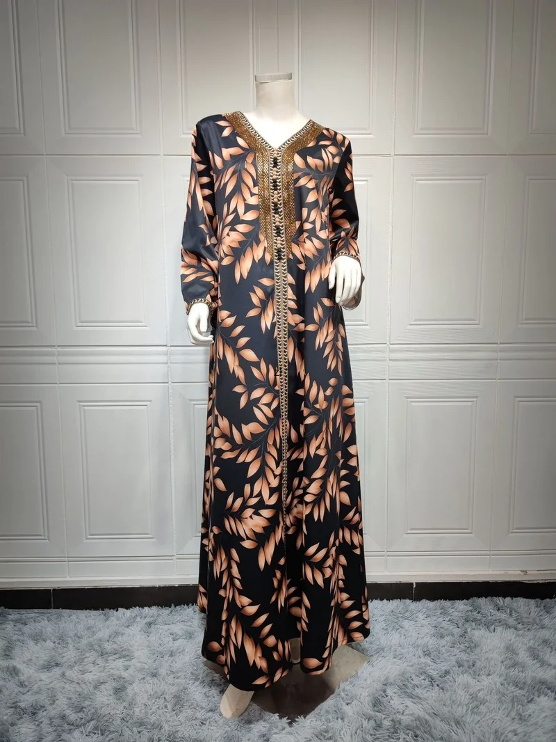 Beading Printed Jalabiya Caftan Muslim Dress Women Dubai Abaya Saudi Modest Islam Arabian Party Evening Dresses Moroccan Kaftan