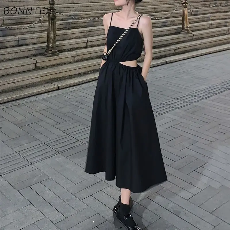 

Женские платья на бретелях-спагетти с вырезами, праздничный дизайн, модная уличная одежда средней длины, летние праздничные платья Ulzzang для ...