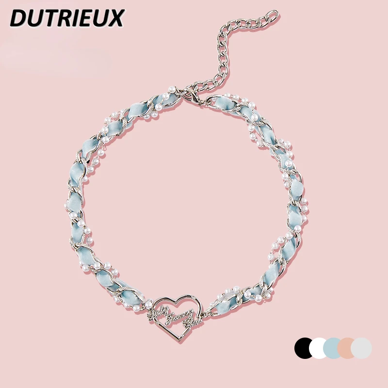 

Retro Girl Woven Chain Love Necklace Sweet Cute Girls Wild Pearl O-Shaped Necklace Chains Stainless Steel Jewelry Accessories