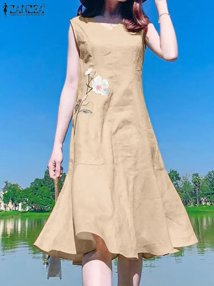 

ZANZEA Fashion Women Elegant Floral Embroidery Midi Dress Summer V Neck Sleeveless Sundress Casual Ruffles Vestido Sarafans 2023