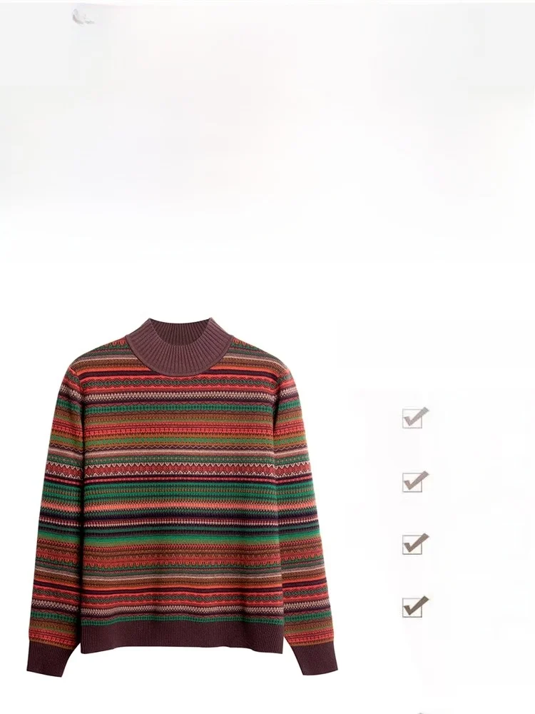 Hengyuanxiang Pure Wool Sweater Women Half-high Collar Retro Jacquard Autumn and Winter Western Sle Striped Knitted...