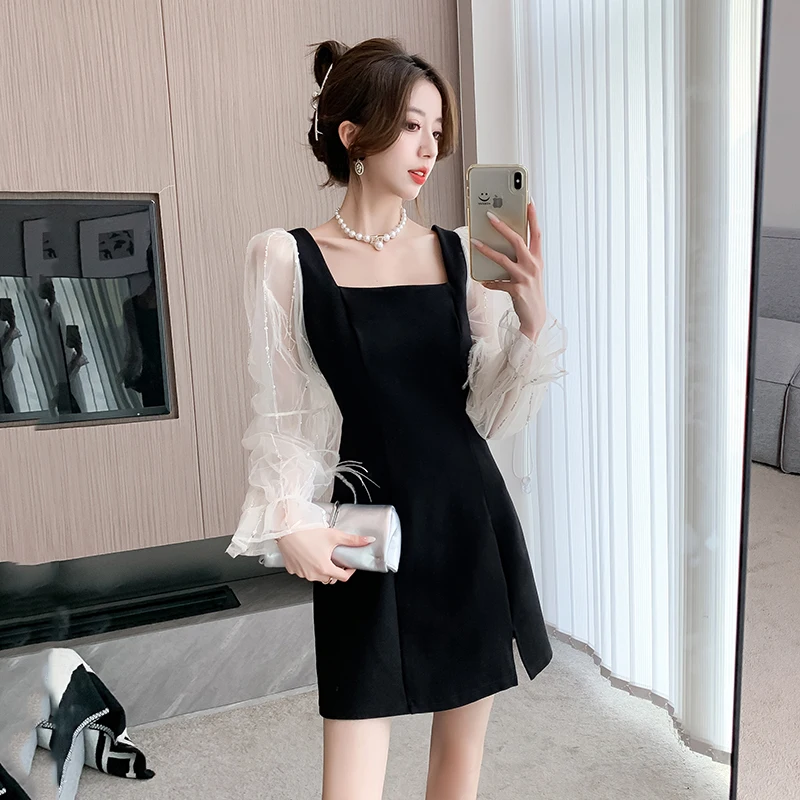 Женское черное платье новинка 2024 офисное женское трикотажное в Корейском стиле с