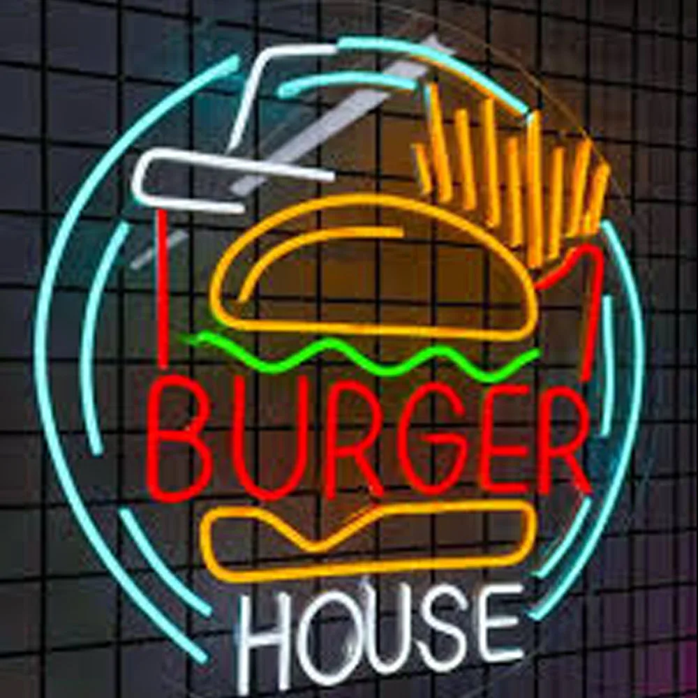 

Burger House Fries Hamburger Drink Takeaway Neon Light Sign Custom Handmade Real Glass Tube Advertise Room Decor Display 19"X19"