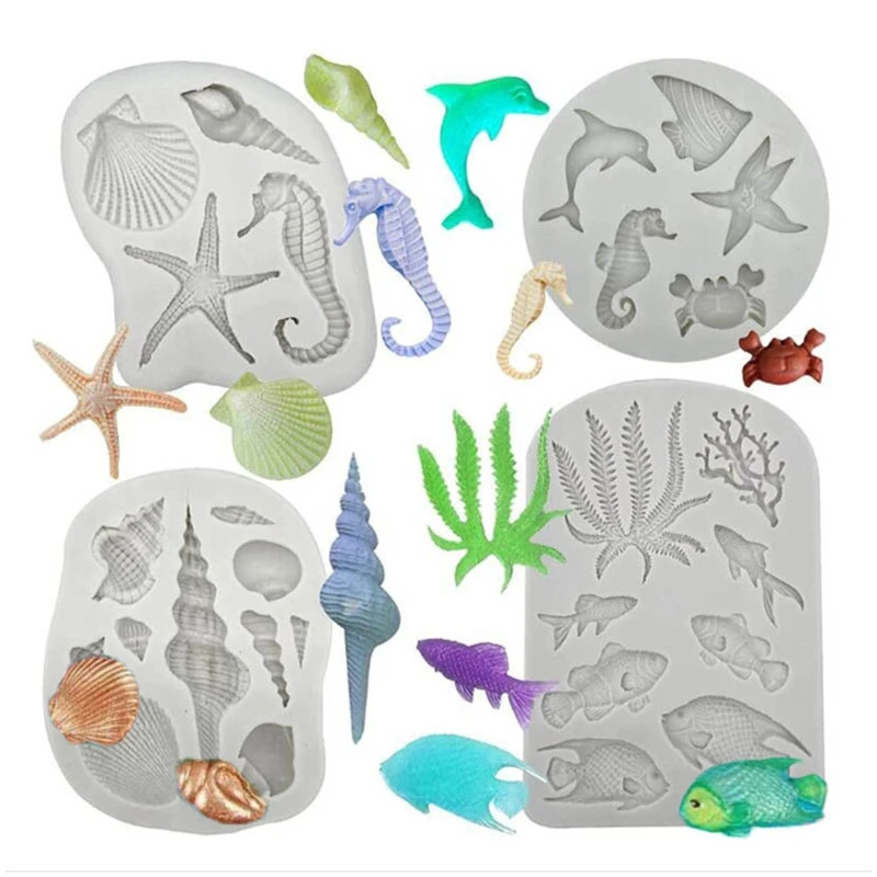 

T5EB Ocean Theme Cake Fondant Mold - Seaweed Fish Seashell Coral Silicone Mold for Marine Themed Cake Decors Chocolate Candy