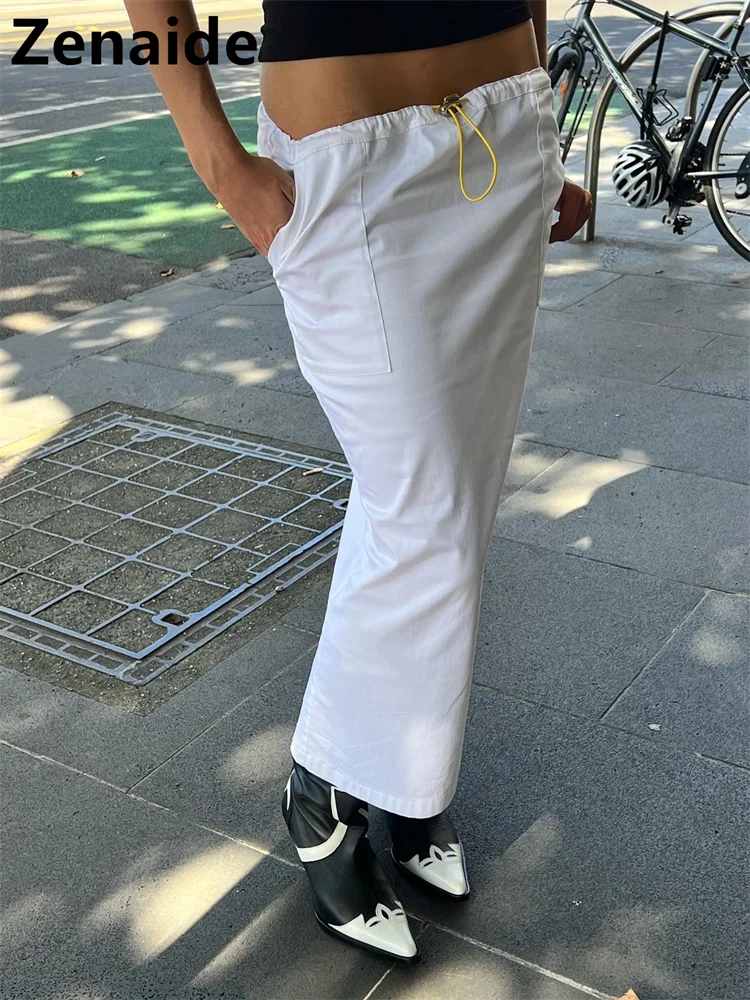 

Zenaide 2022 Summer Low Rise Cargo Skirt Midi Bodycon Women White Drawstring Y2K Grunge Vintage Long Skirts Harajuku Streetwear