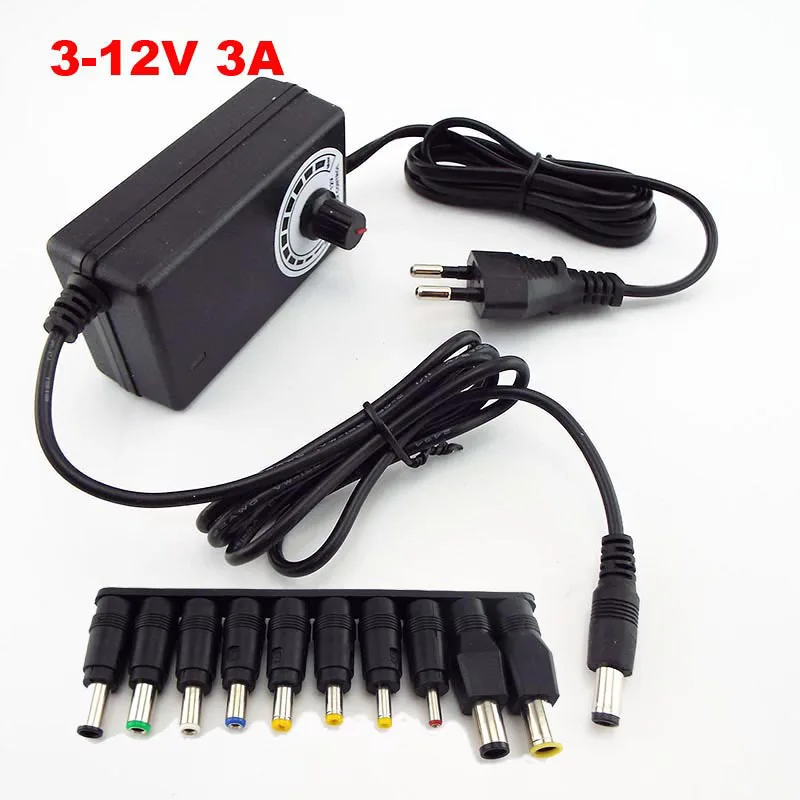 

Universal Adjustable CCTV Power Supply Adapter AC 100-240V to DC 3-12V 3A 36W Charger 5.5x2.1mm Jack Plug DC Female Connector L