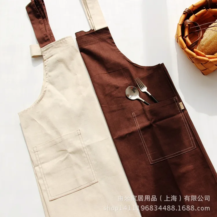 

Gown Hairdresser Japan And South Korea Simple Solid Color Hemp Household Custom Pocket Strap Splicing Apron Export