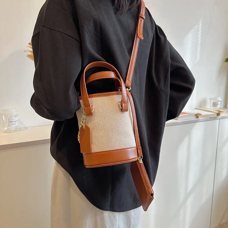 Contrast Canvas Leather Panel Shoulder Bags Simple Fashion Cylindrical Handbag New Portable Bucket Crossbody Bag Purse Storage