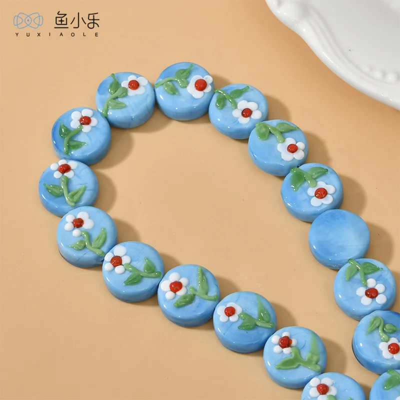 Children's Cute Glass Flower Smiley Face Straight Hole Flat round Beads DIY Bracelet Necklace Ear Rings Beaded Accessories
