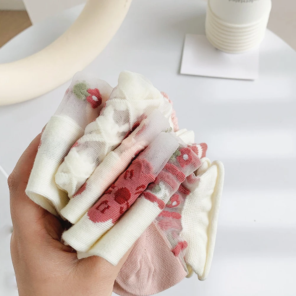 Милые носки для девочек прозрачные с цветами и фруктами летние ультратонкие