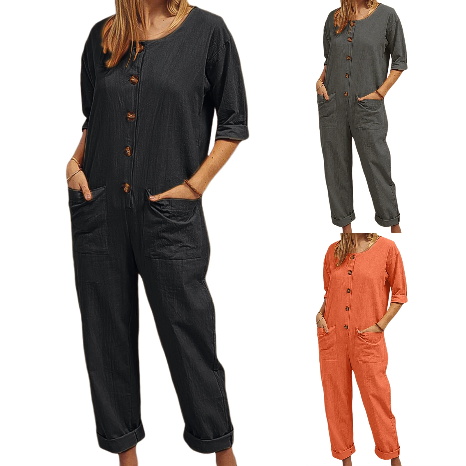 

Summer Jumpsuit Women Single Breasted Cotton Linen Autumn Long Jumpsuits with Pockets Solid Color Y2K Style Casual Suit