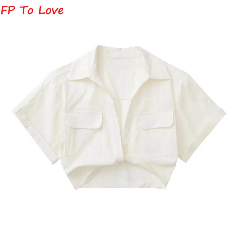

FP TO LOVE France 2022 Summer Elegant White V-Neck Shirt Women's Linen Blend Slim Fit High Waist Crop Chic Crop Top