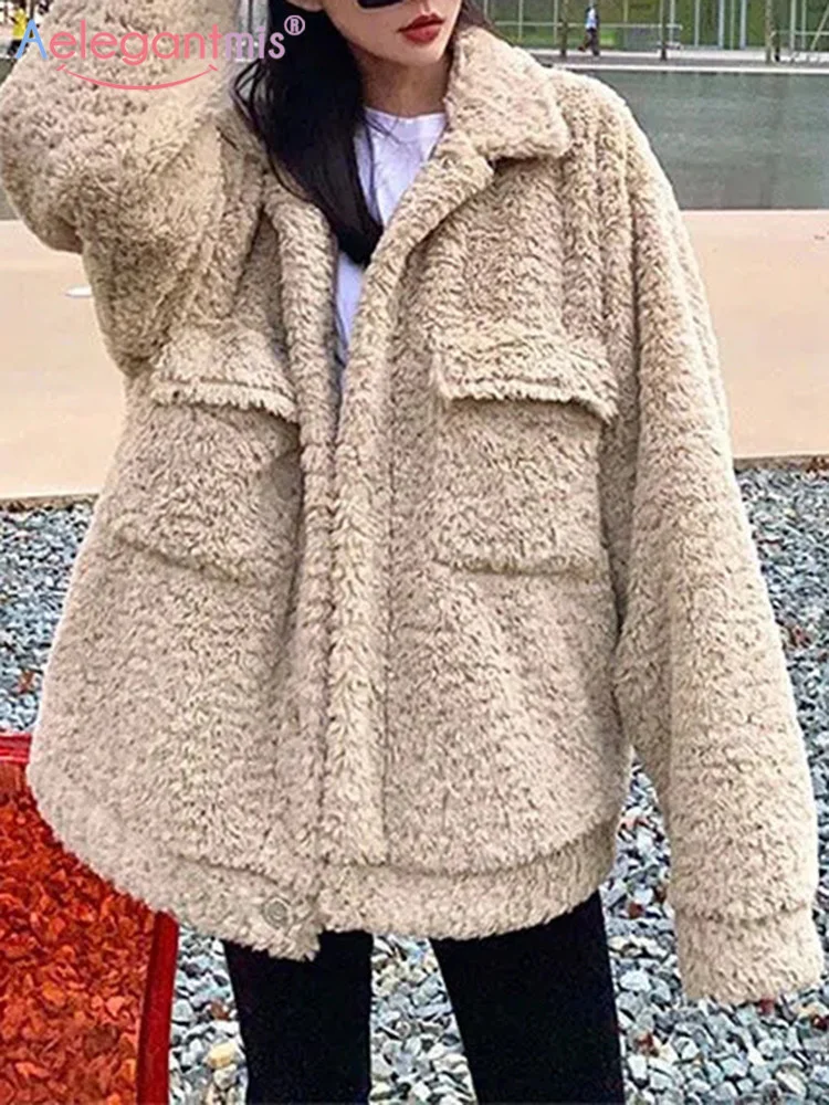 

Aelegantmis Winter Warm Faux Lamb Wool Coats for Women Lapel Collar Pockets Oversized Jackets Black Solid Fluffy Outwear Female