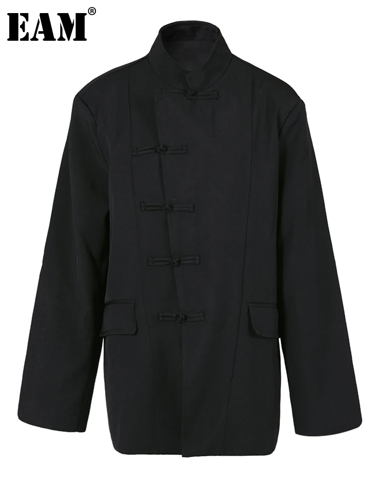 

[EAM] Women Black Buckle Vintage Big Size Blazer New Stand Collar Long Sleeve Jacket Fashion Tide Spring Autumn 2023 CPG0343